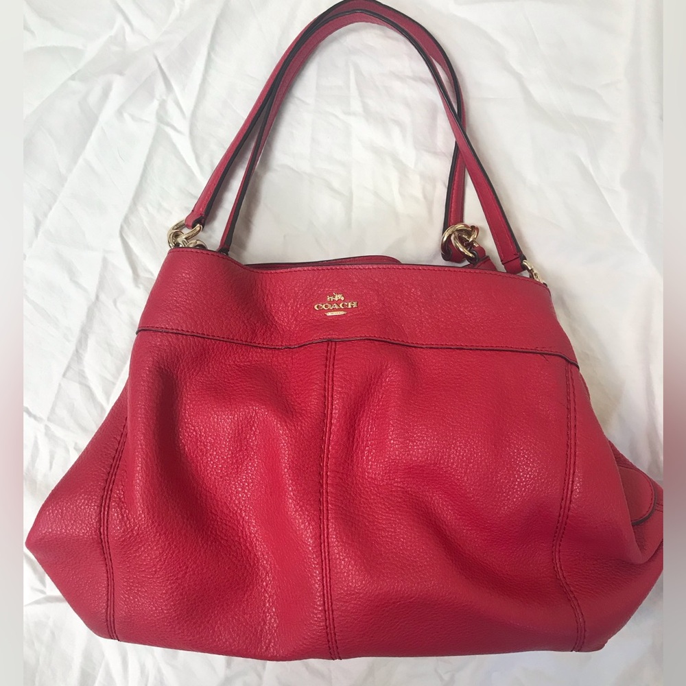 Coach Lexy Raspberry Red Pebbled Leather Shoulder Bag Double Handles Large Hobo